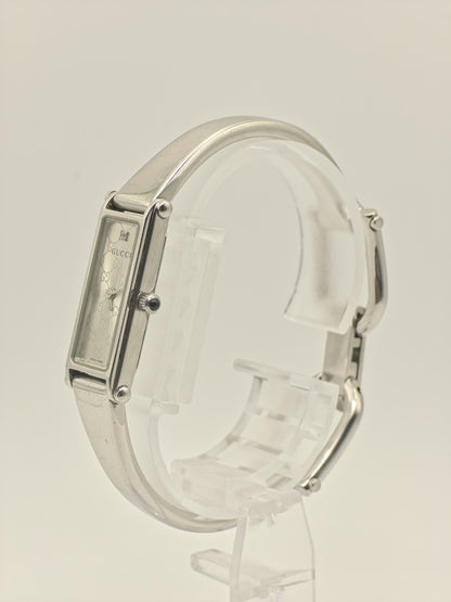 Gucci 1500L Womens Silver Bangle Watch Swiss Made Quartz GG Monogram Dial With Box And Warranty
