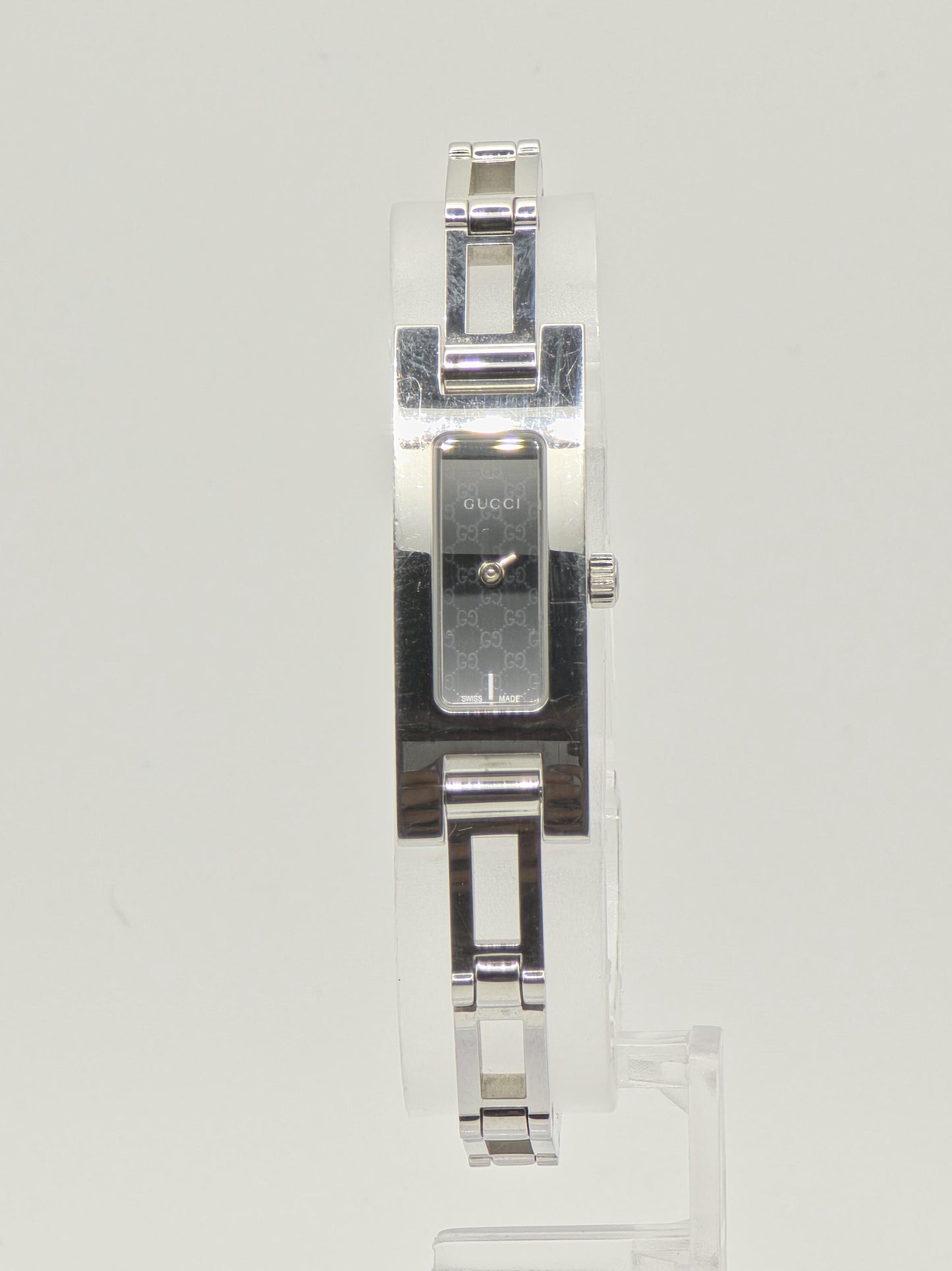 Gucci 3900L Womens Stainless Steel Bangle Watch Black GG Dial Swiss Made Full Set With Box Warranty And Receipt