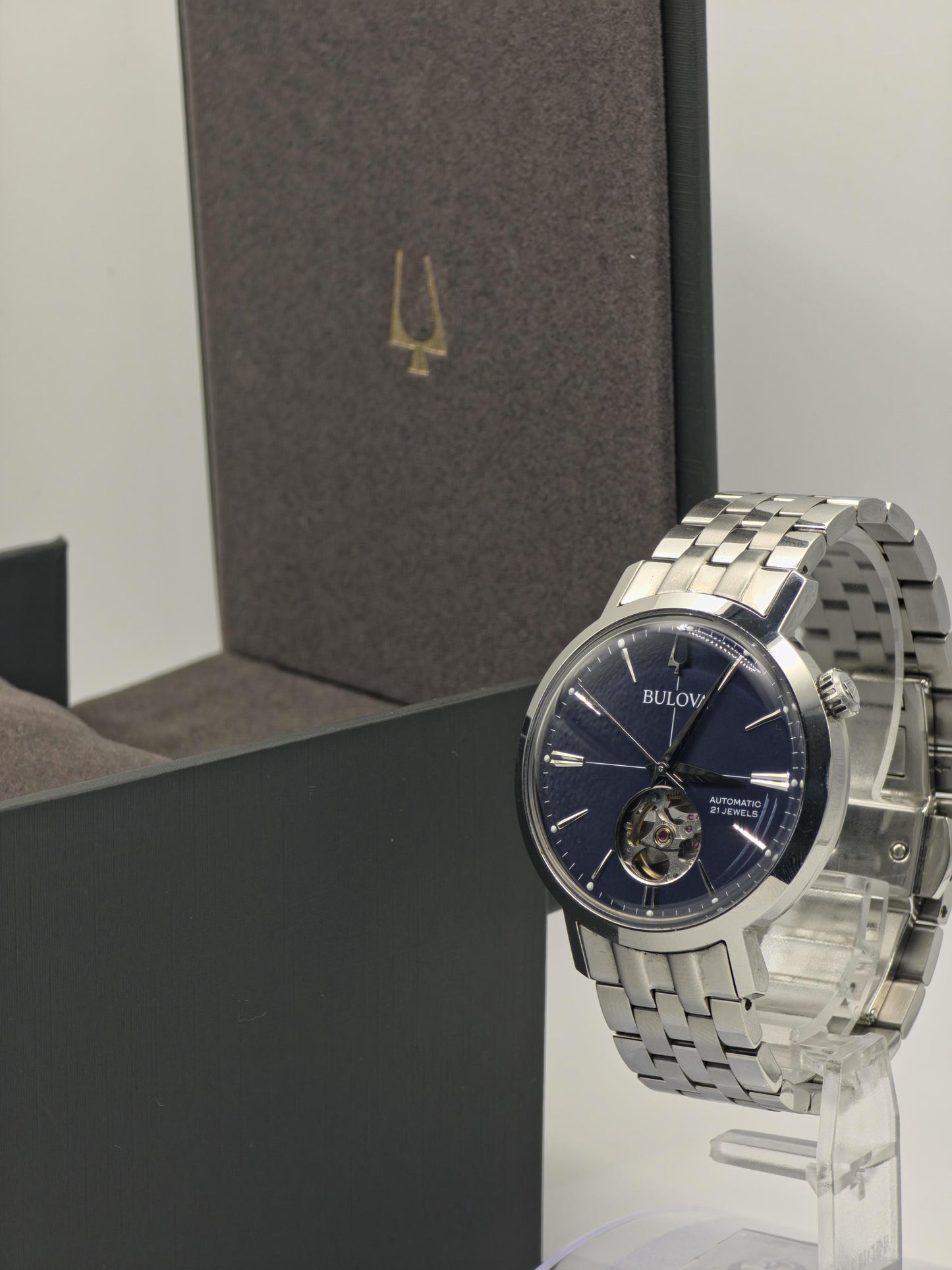Bulova Automatic Watch, Stainless Steel, Blue Open Heart - Model 96A320 (Box & Papers)