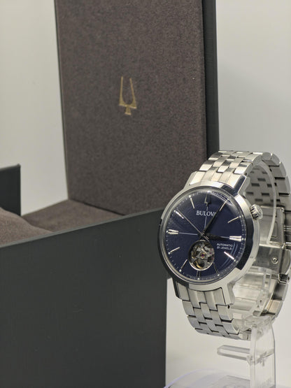 Bulova Automatic Watch, Stainless Steel, Blue Open Heart - Model 96A320 (Box & Papers)