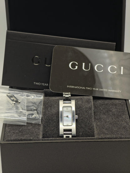 Gucci 3900L Silver Ladies Watch Mother of Pearl Dial Diamond Markers Swiss Made Box Papers Extra Links