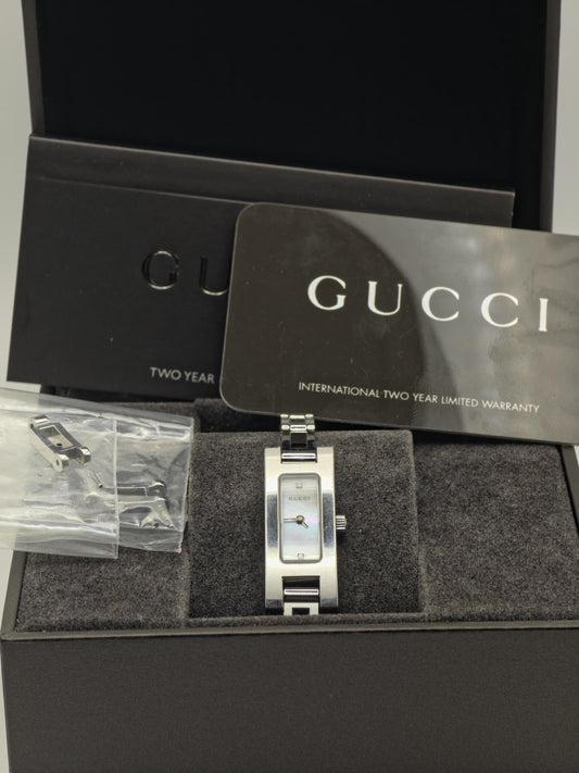 Gucci 3900L Silver Ladies Watch Mother of Pearl Dial Diamond Markers Swiss Made Box Papers Extra Links