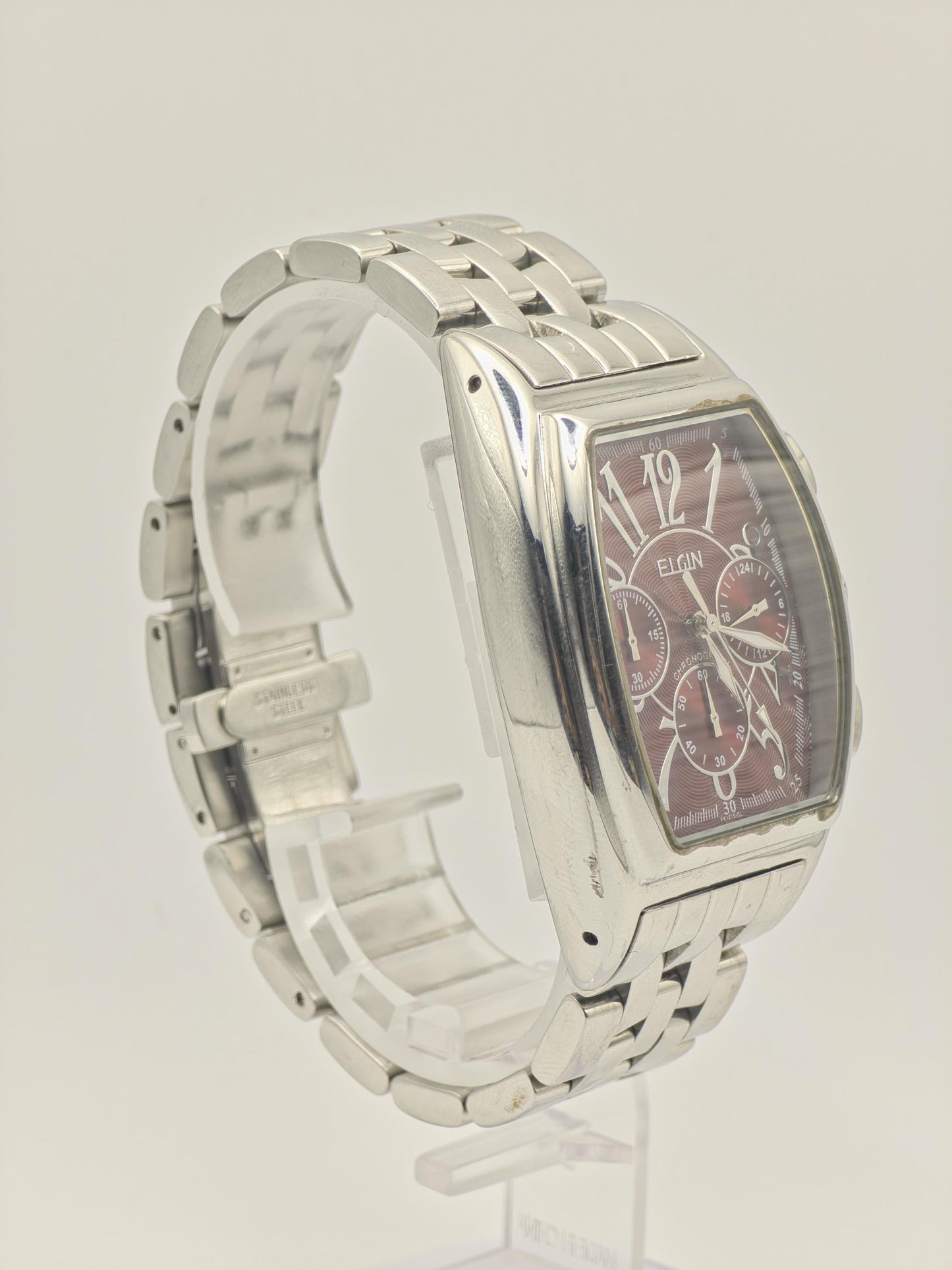 Elgin FK1215SL Chronograph Watch: Stainless Steel, Red Dial, Vintage Style