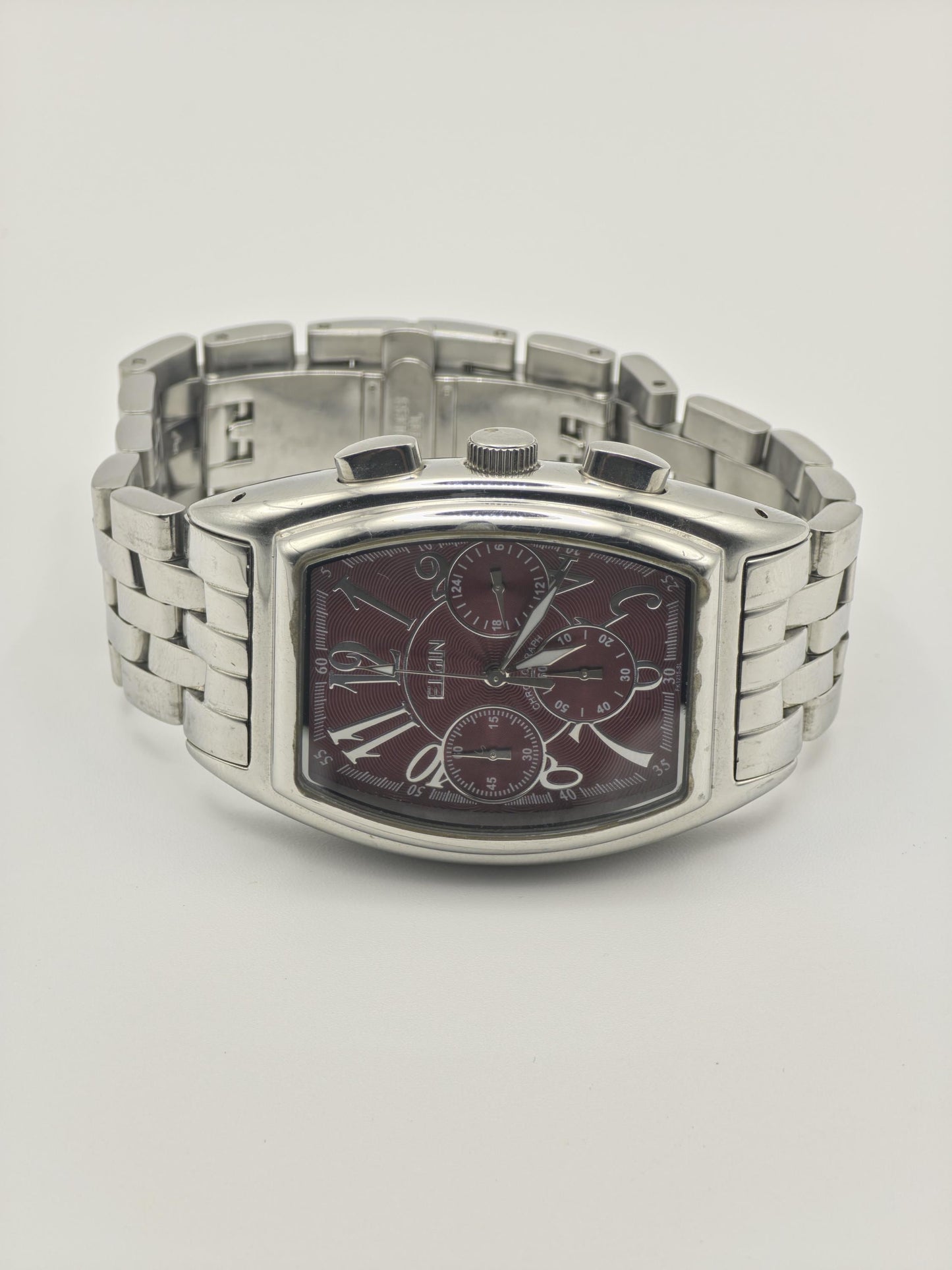 Elgin FK1215SL Chronograph Watch: Stainless Steel, Red Dial, Vintage Style