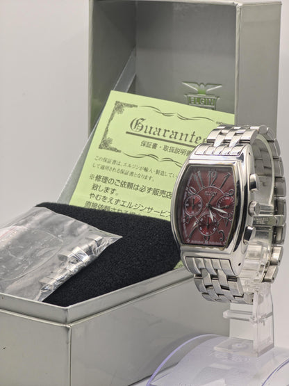 Elgin FK1215SL Chronograph Watch: Stainless Steel, Red Dial, Vintage Style