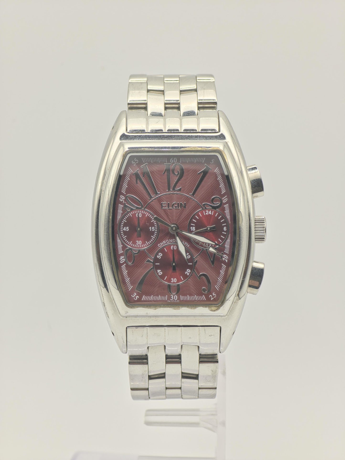 Elgin FK1215SL Chronograph Watch: Stainless Steel, Red Dial, Vintage Style