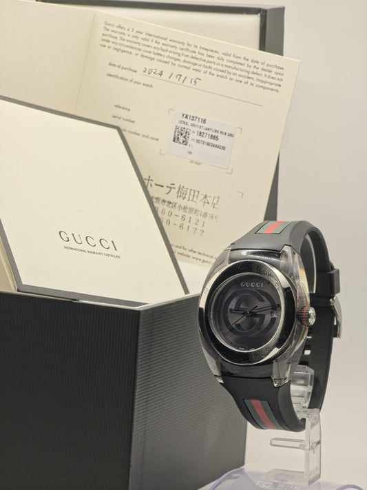 Gucci Sync Black Mens Watch Swiss Quartz Black Dial Rubber Strap Box Papers Modern Sports Style