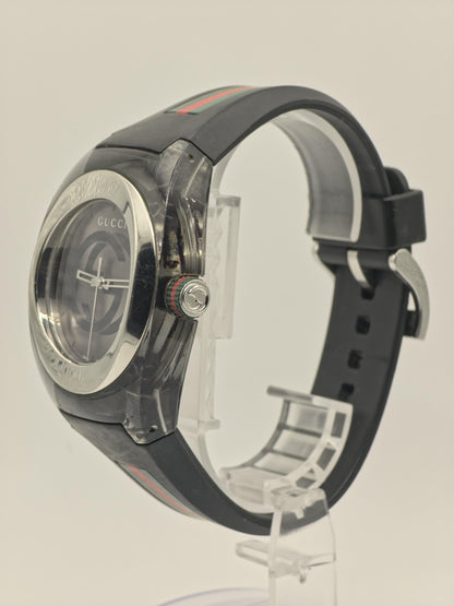 Gucci Sync Black Mens Watch Swiss Quartz Black Dial Rubber Strap Box Papers Modern Sports Style