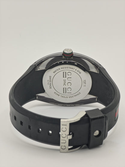 Gucci Sync Black Mens Watch Swiss Quartz Black Dial Rubber Strap Box Papers Modern Sports Style