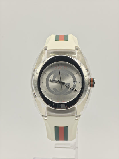 Gucci Sync White Mens Watch Swiss Quartz Silver Dial Rubber Strap Box Papers Modern Designer Sports Style