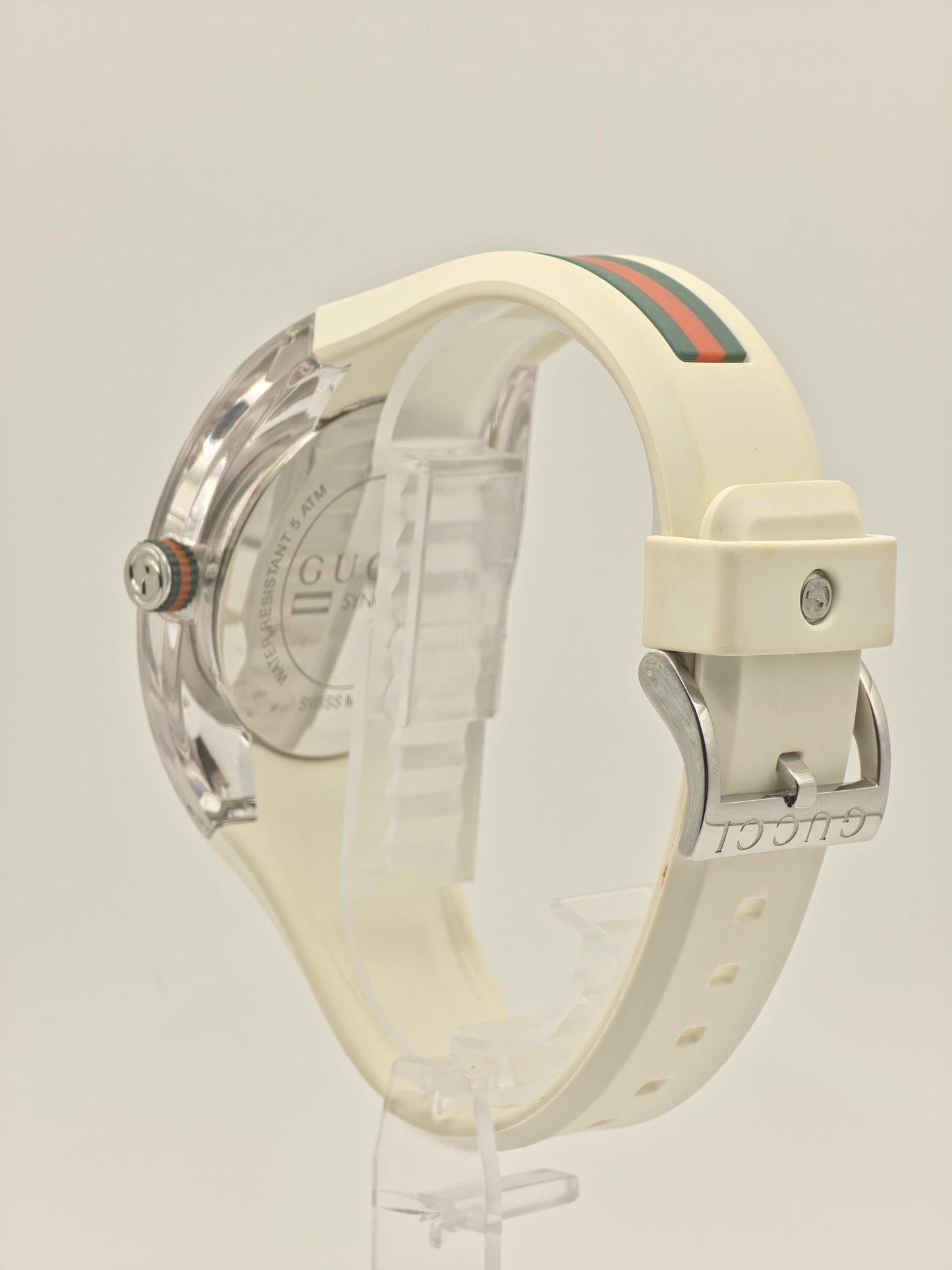 Gucci Sync White Mens Watch Swiss Quartz Silver Dial Rubber Strap Box Papers Modern Designer Sports Style