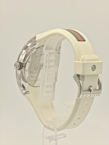 Gucci Sync White Mens Watch Swiss Quartz Silver Dial Rubber Strap Box Papers Modern Designer Sports Style