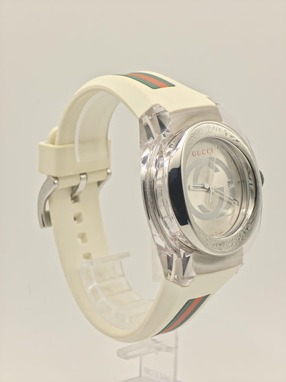 Gucci Sync White Mens Watch Swiss Quartz Silver Dial Rubber Strap Box Papers Modern Designer Sports Style