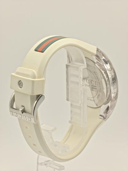 Gucci Sync White Mens Watch Swiss Quartz Silver Dial Rubber Strap Box Papers Modern Designer Sports Style
