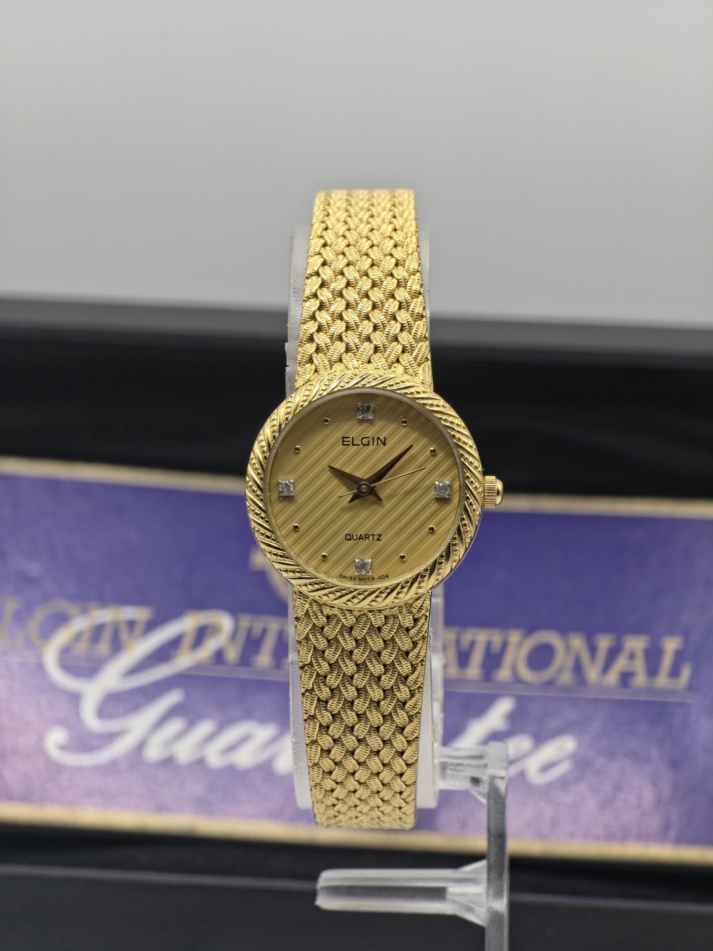 Elgin FK279 Ladies Gold Dress Watch Quartz Mesh Bracelet Diamond Markers Vintage Style Box Guarantee
