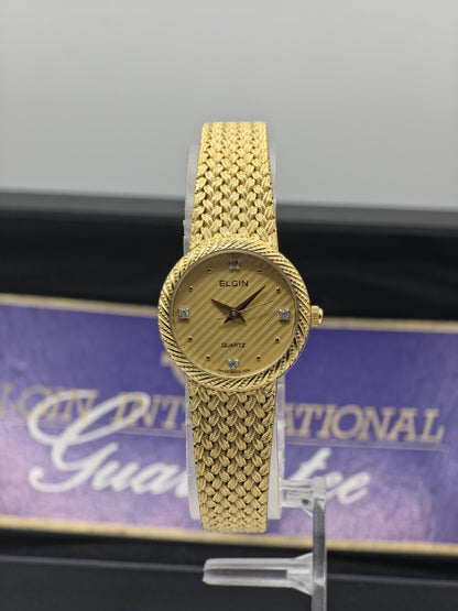 Elgin FK279 Ladies Gold Dress Watch Quartz Mesh Bracelet Diamond Markers Vintage Style Box Guarantee