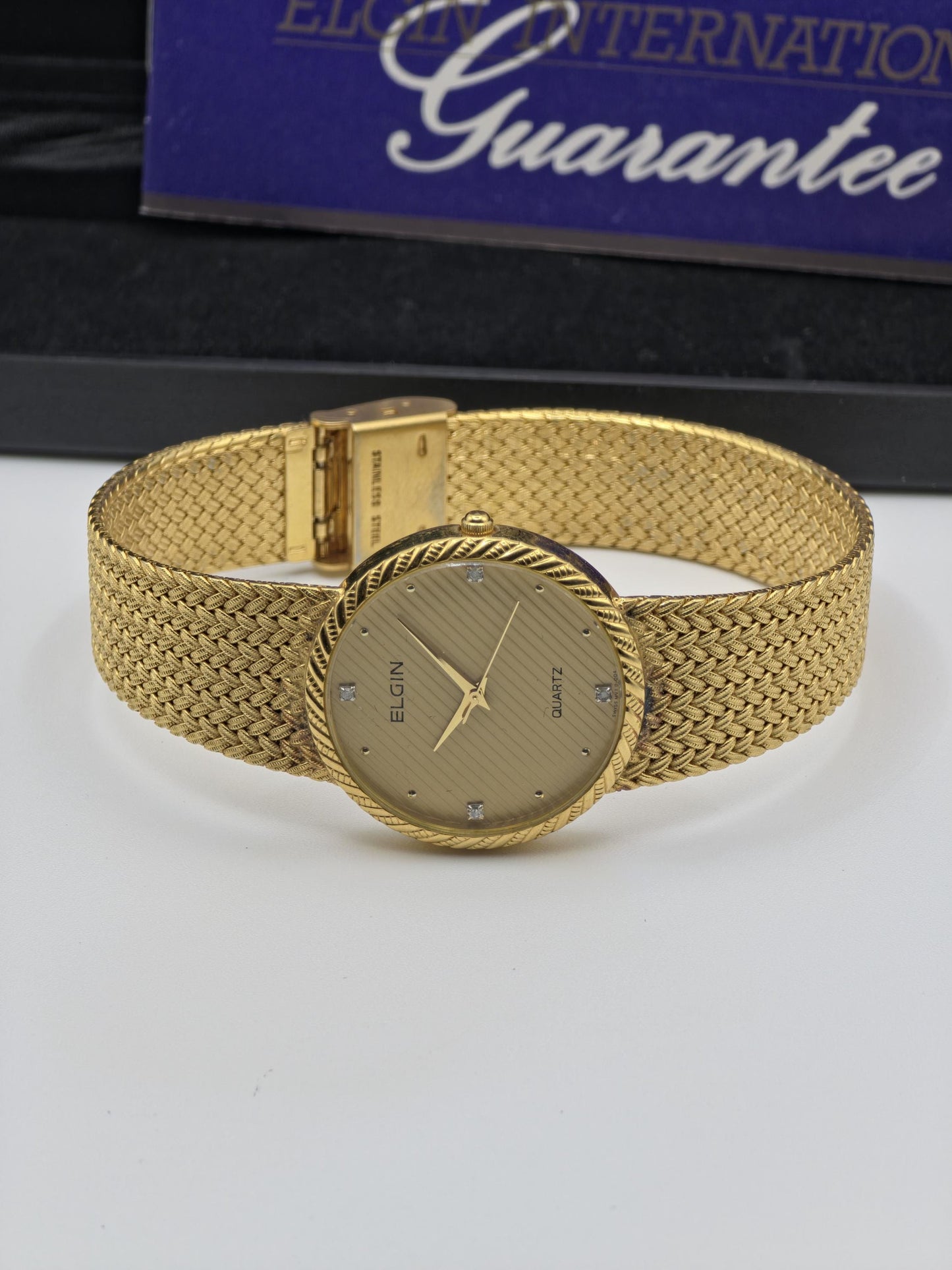 Elgin FK278 Mens Gold Tone Mesh Bracelet Quartz Watch Diamond Markers Vintage Dress Style