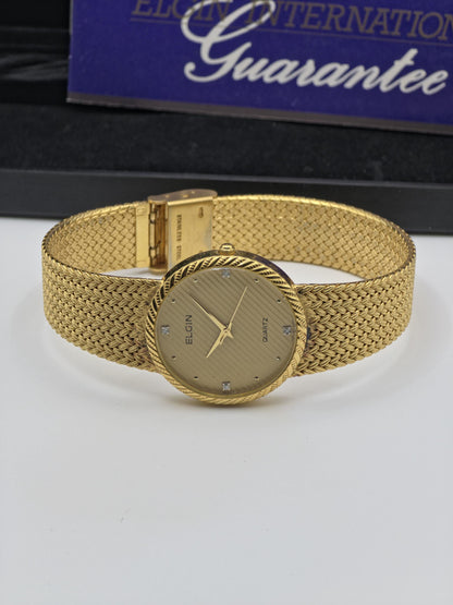 Elgin FK278 Mens Gold Tone Mesh Bracelet Quartz Watch Diamond Markers Vintage Dress Style