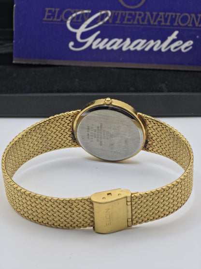 Elgin FK278 Mens Gold Tone Mesh Bracelet Quartz Watch Diamond Markers Vintage Dress Style