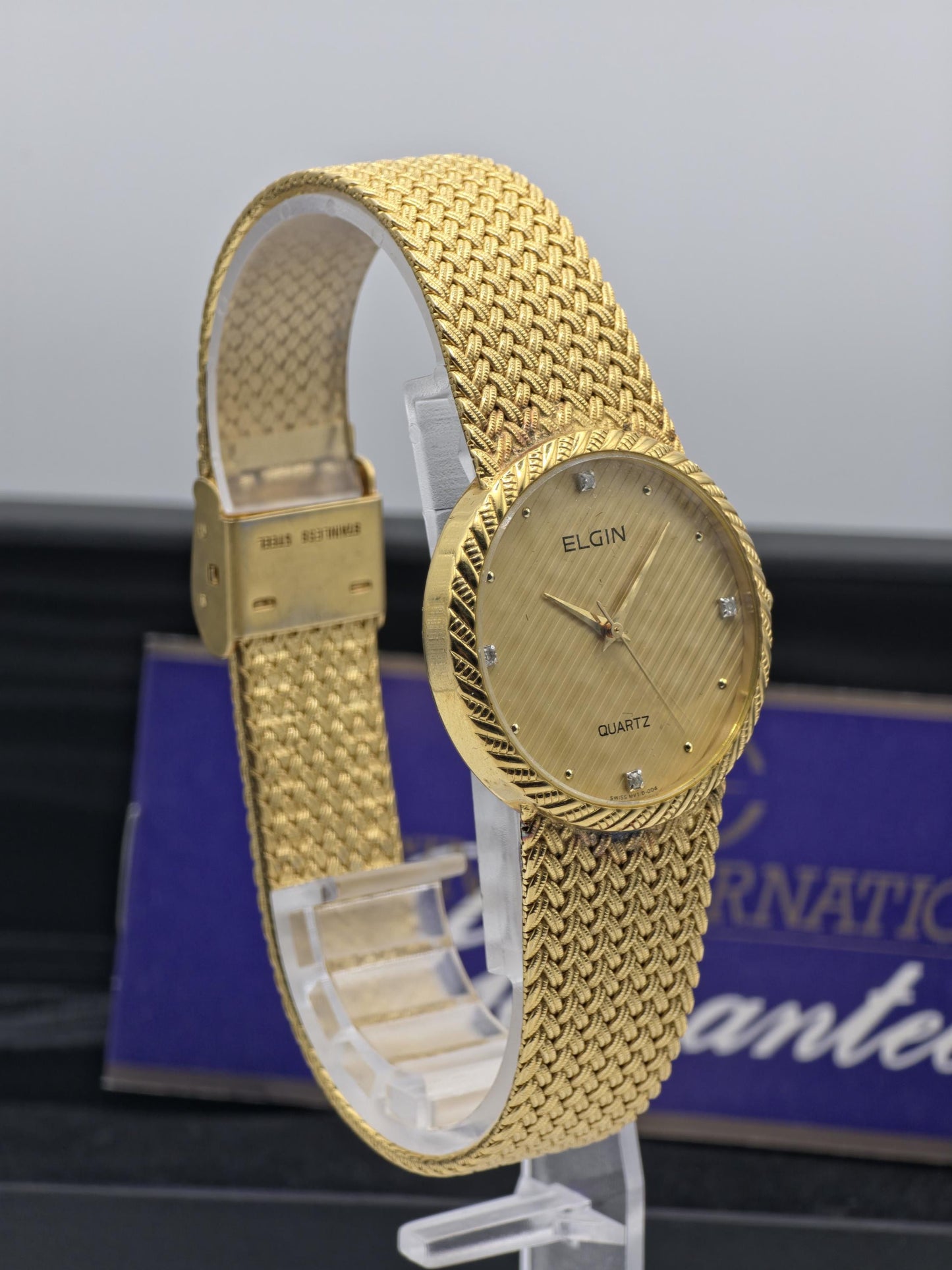 Elgin FK278 Mens Gold Tone Mesh Bracelet Quartz Watch Diamond Markers Vintage Dress Style