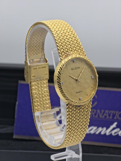 Elgin FK278 Mens Gold Tone Mesh Bracelet Quartz Watch Diamond Markers Vintage Dress Style