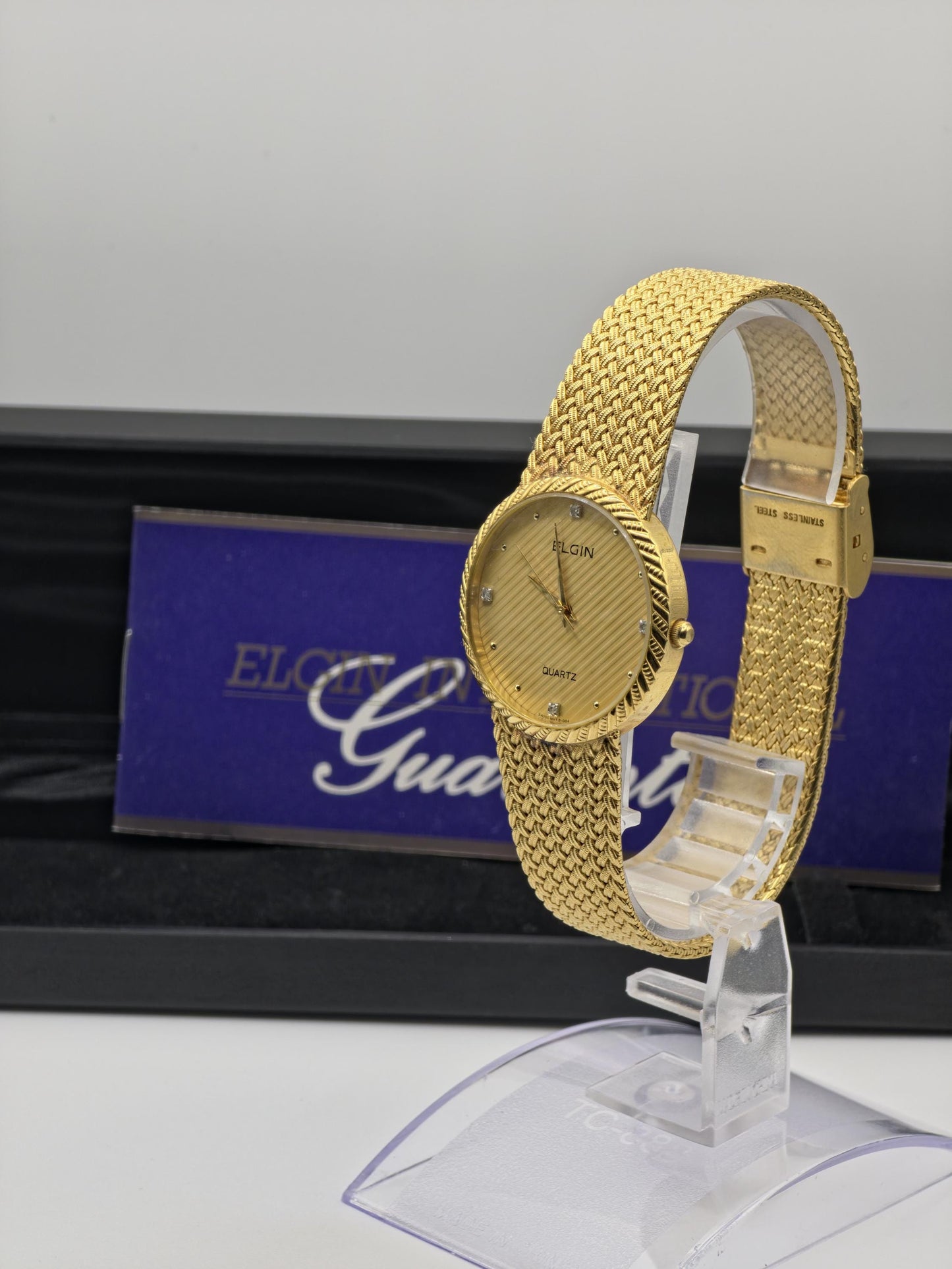 Elgin FK278 Mens Gold Tone Mesh Bracelet Quartz Watch Diamond Markers Vintage Dress Style