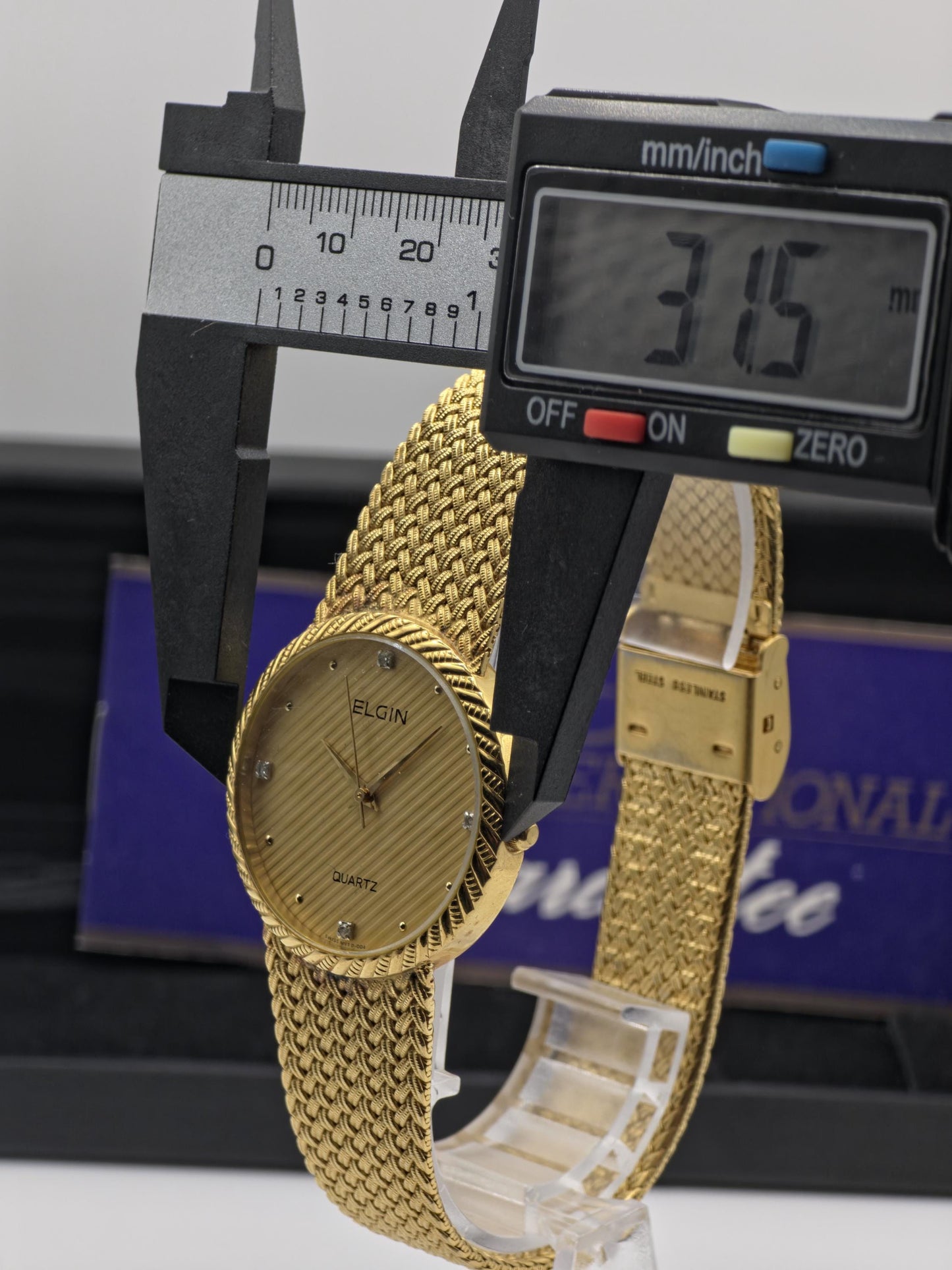 Elgin FK278 Mens Gold Tone Mesh Bracelet Quartz Watch Diamond Markers Vintage Dress Style