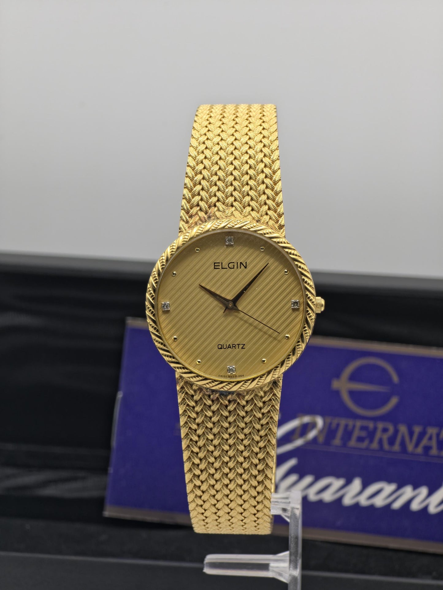 Elgin FK278 Mens Gold Tone Mesh Bracelet Quartz Watch Diamond Markers Vintage Dress Style