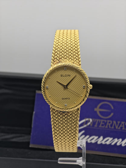 Elgin FK278 Mens Gold Tone Mesh Bracelet Quartz Watch Diamond Markers Vintage Dress Style