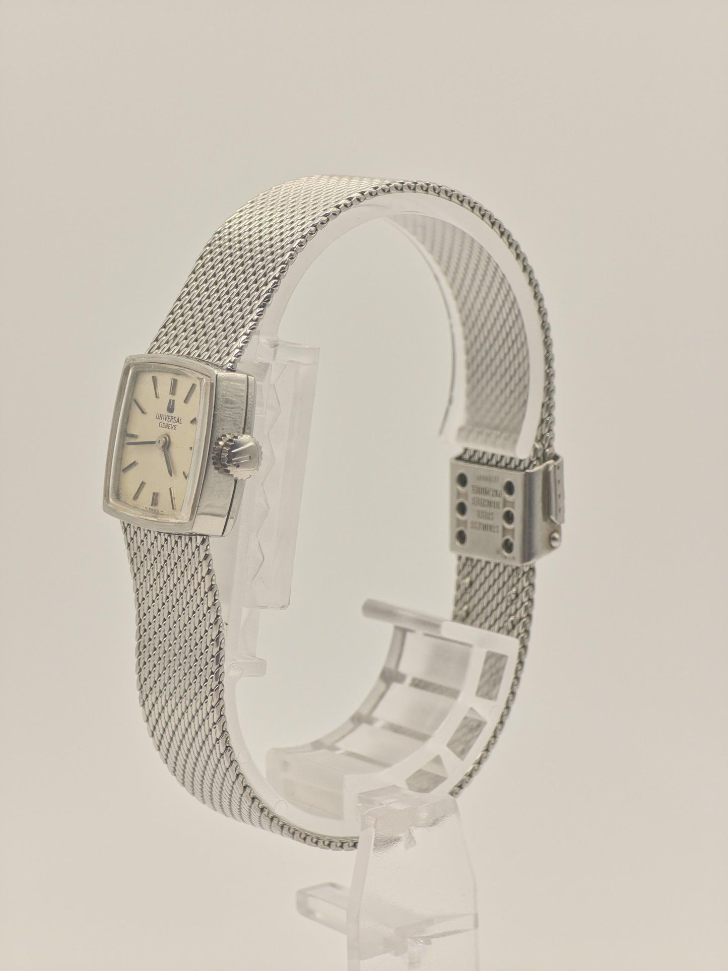 Vintage Universal Genève Ladies Watch, Square Milanese Bracelet, Swiss Made