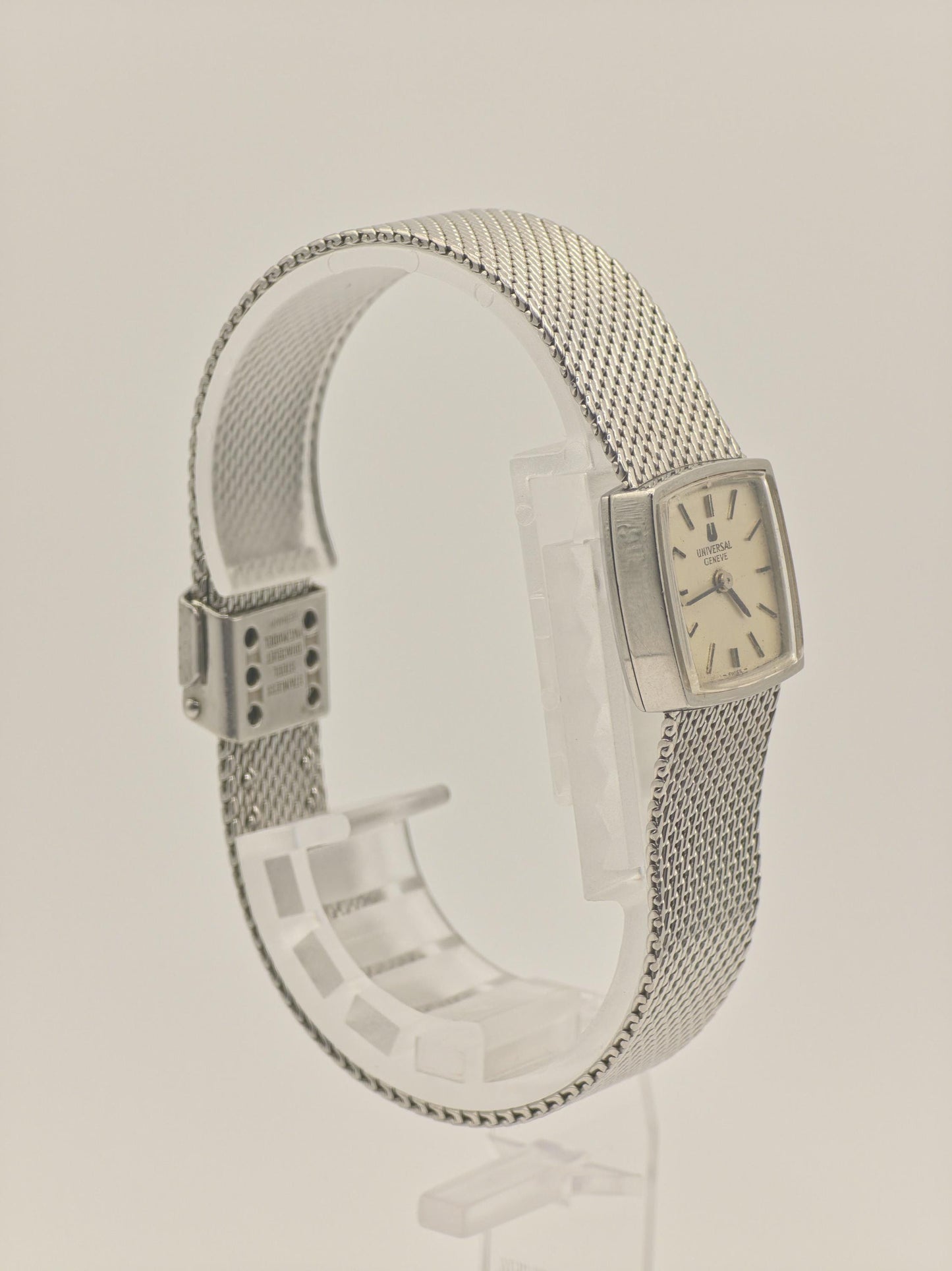 Vintage Universal Genève Ladies Watch, Square Milanese Bracelet, Swiss Made