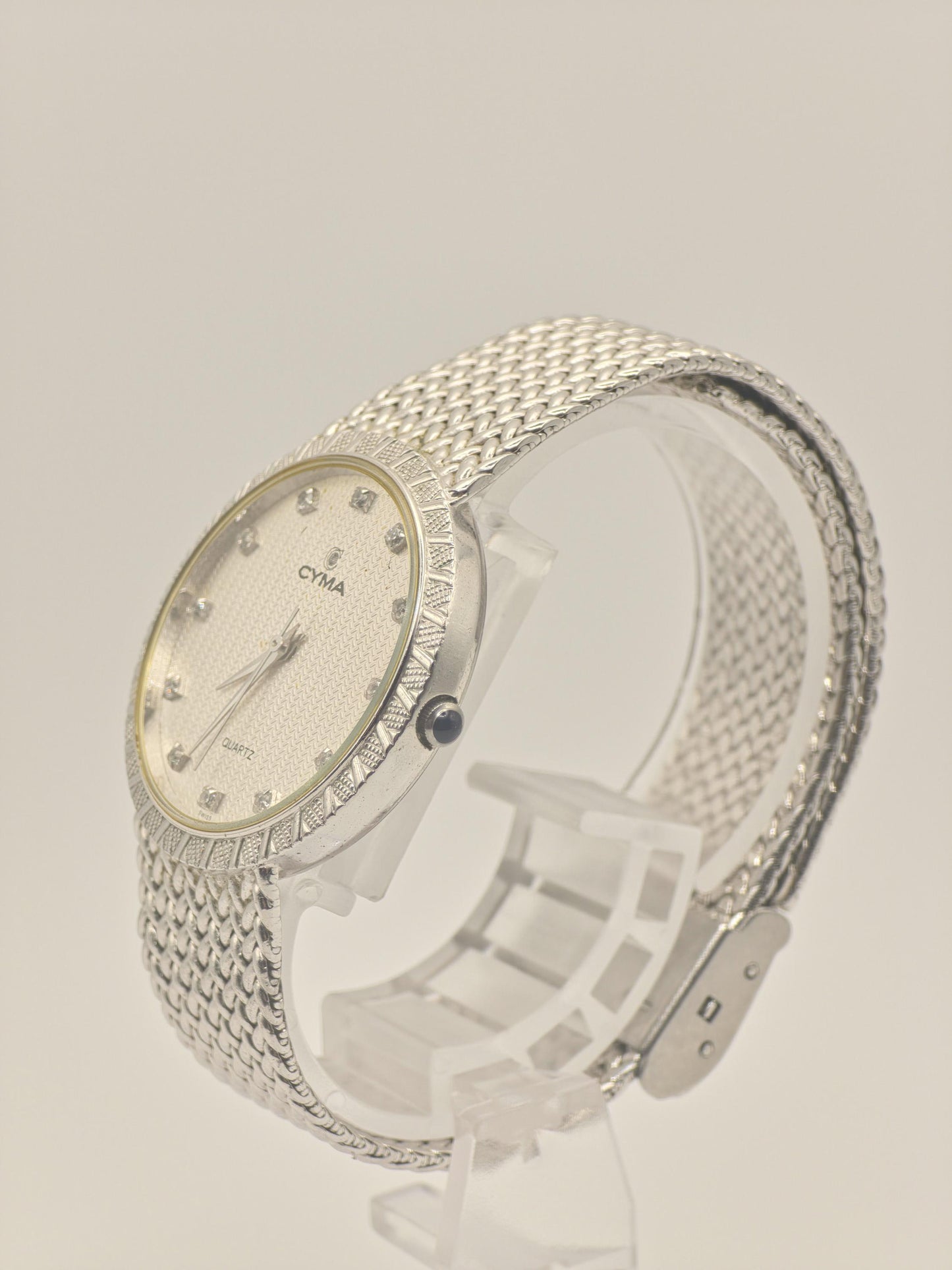 Vintage CYMA Quartz Watch Ladies Diamond Accent Mesh Bracelet Slim Swiss Made Gold Plated Dress Watch Gift
