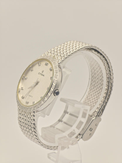 Vintage CYMA Quartz Watch Ladies Diamond Accent Mesh Bracelet Slim Swiss Made Gold Plated Dress Watch Gift