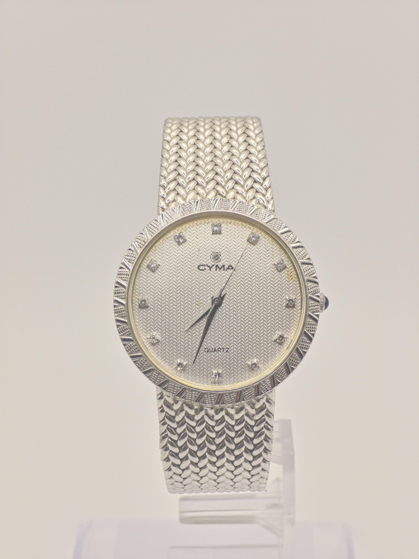 Vintage CYMA Quartz Watch Ladies Diamond Accent Mesh Bracelet Slim Swiss Made Gold Plated Dress Watch Gift
