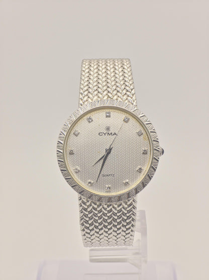Vintage CYMA Quartz Watch Ladies Diamond Accent Mesh Bracelet Slim Swiss Made Gold Plated Dress Watch Gift