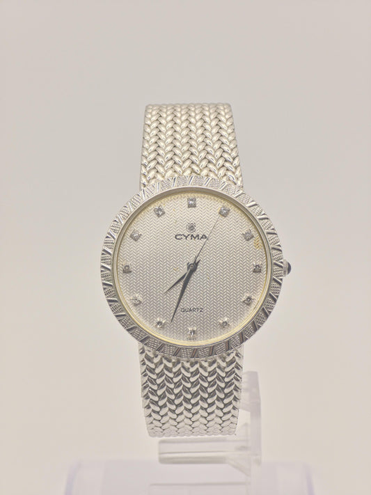 Vintage CYMA Quartz Watch Ladies Diamond Accent Mesh Bracelet Slim Swiss Made Gold Plated Dress Watch Gift