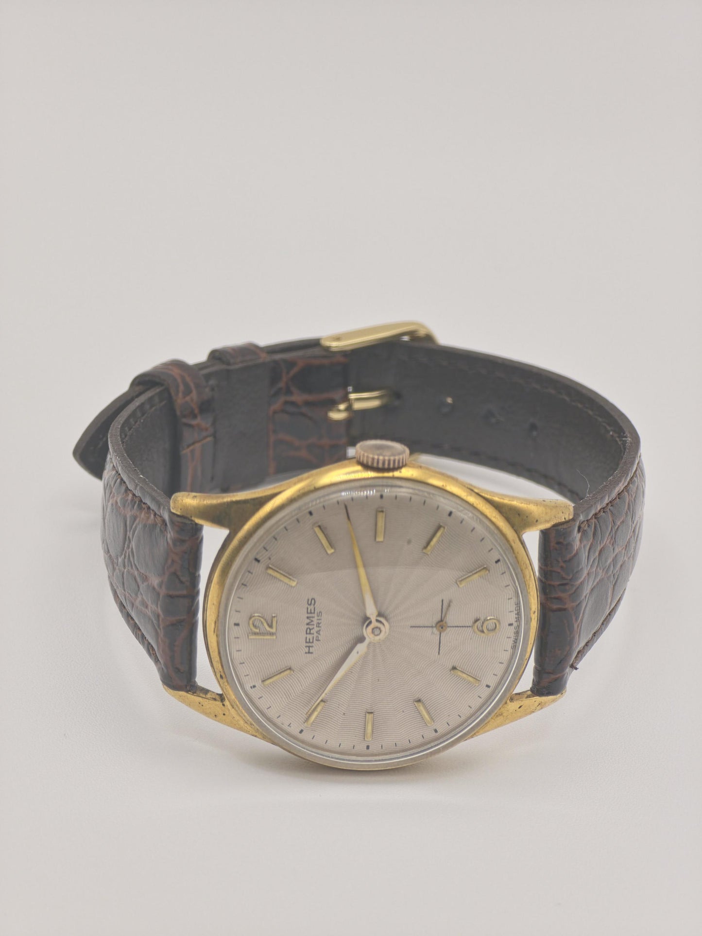 Vintage HERMES PARIS Manual Wind Watch Men's Gold Plated Brown Strap Sunburst Dial Swiss Made Dress Watch Gift