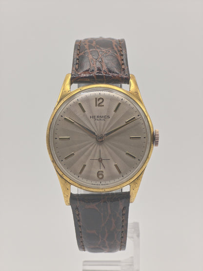 Vintage HERMES PARIS Manual Wind Watch Men's Gold Plated Brown Strap Sunburst Dial Swiss Made Dress Watch Gift