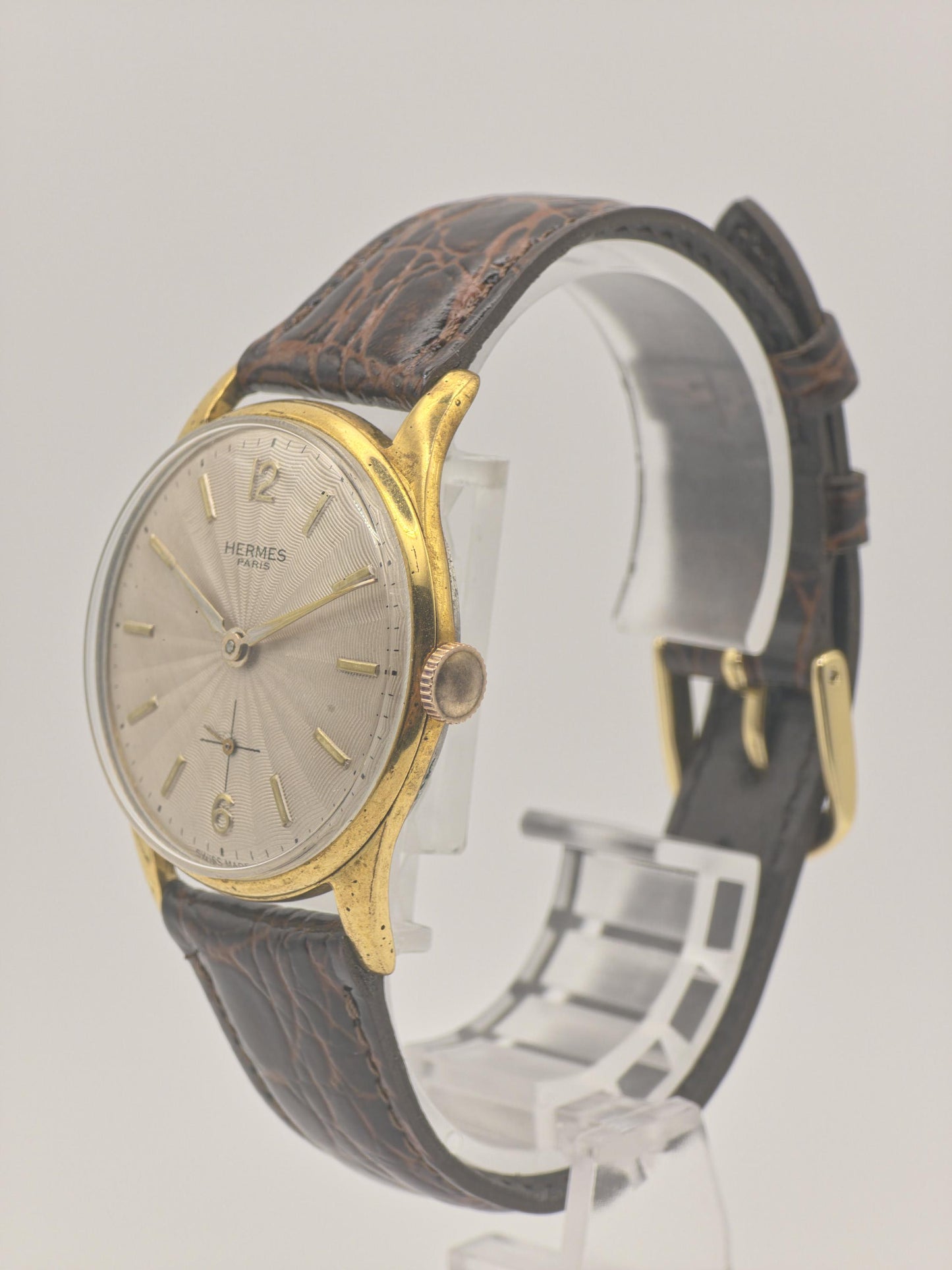 Vintage HERMES PARIS Manual Wind Watch Men's Gold Plated Brown Strap Sunburst Dial Swiss Made Dress Watch Gift