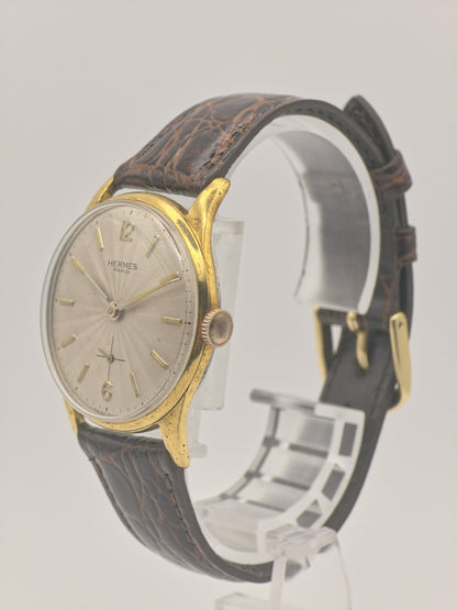 Vintage HERMES PARIS Manual Wind Watch Men's Gold Plated Brown Strap Sunburst Dial Swiss Made Dress Watch Gift