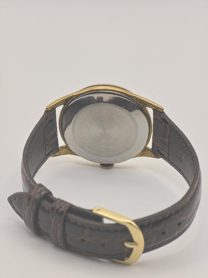 Vintage HERMES PARIS Manual Wind Watch Men's Gold Plated Brown Strap Sunburst Dial Swiss Made Dress Watch Gift