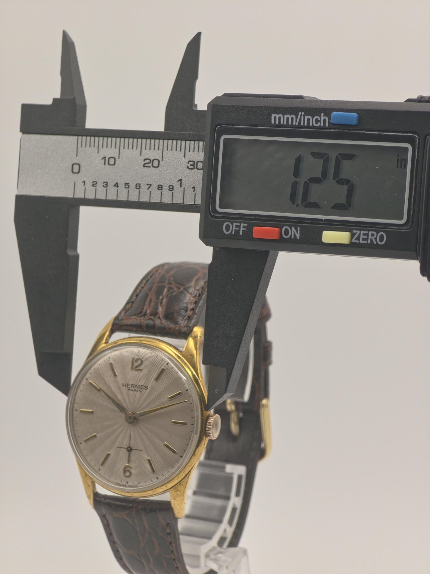 Vintage HERMES PARIS Manual Wind Watch Men's Gold Plated Brown Strap Sunburst Dial Swiss Made Dress Watch Gift