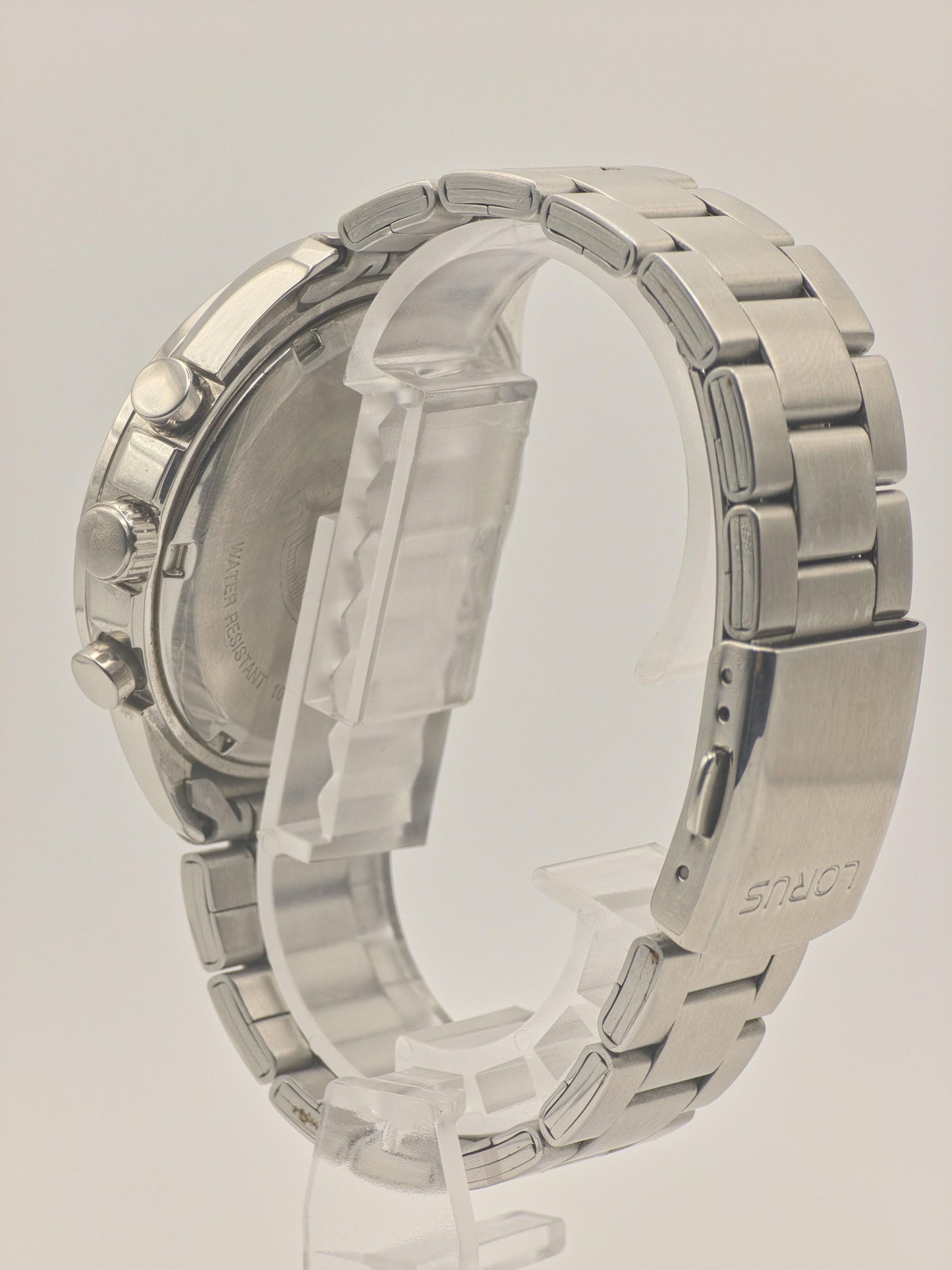 LORUS Chronograph Watch: Black Dial, Stainless Steel Tachymeter, 100M