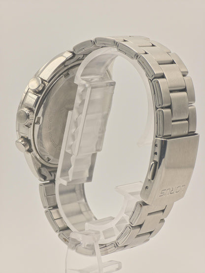 LORUS Chronograph Watch: Black Dial, Stainless Steel Tachymeter, 100M