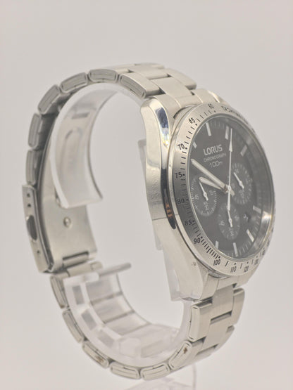 LORUS Chronograph Watch: Black Dial, Stainless Steel Tachymeter, 100M