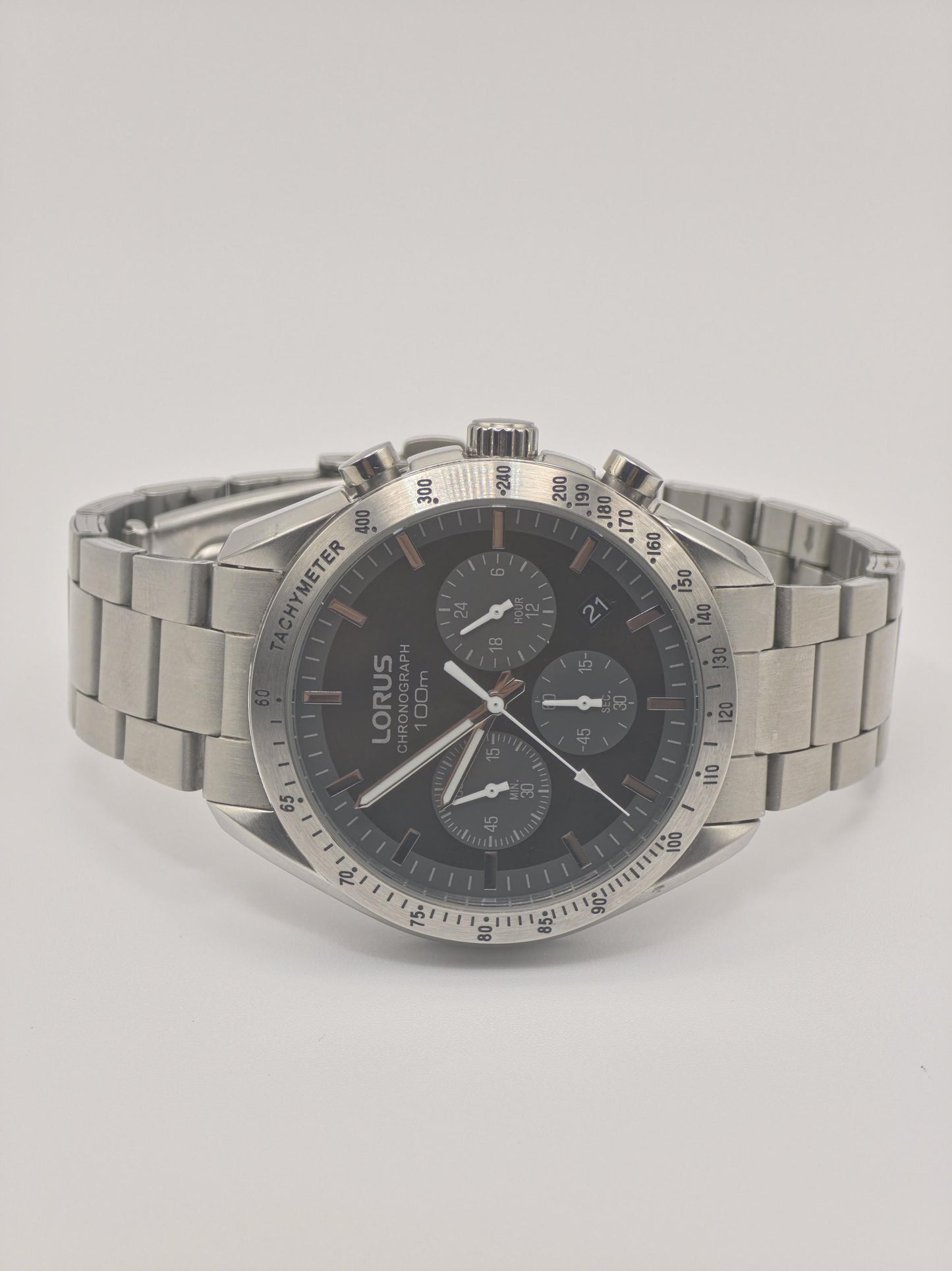 LORUS Chronograph Watch: Black Dial, Stainless Steel Tachymeter, 100M