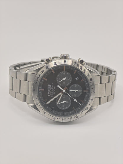 LORUS Chronograph Watch: Black Dial, Stainless Steel Tachymeter, 100M
