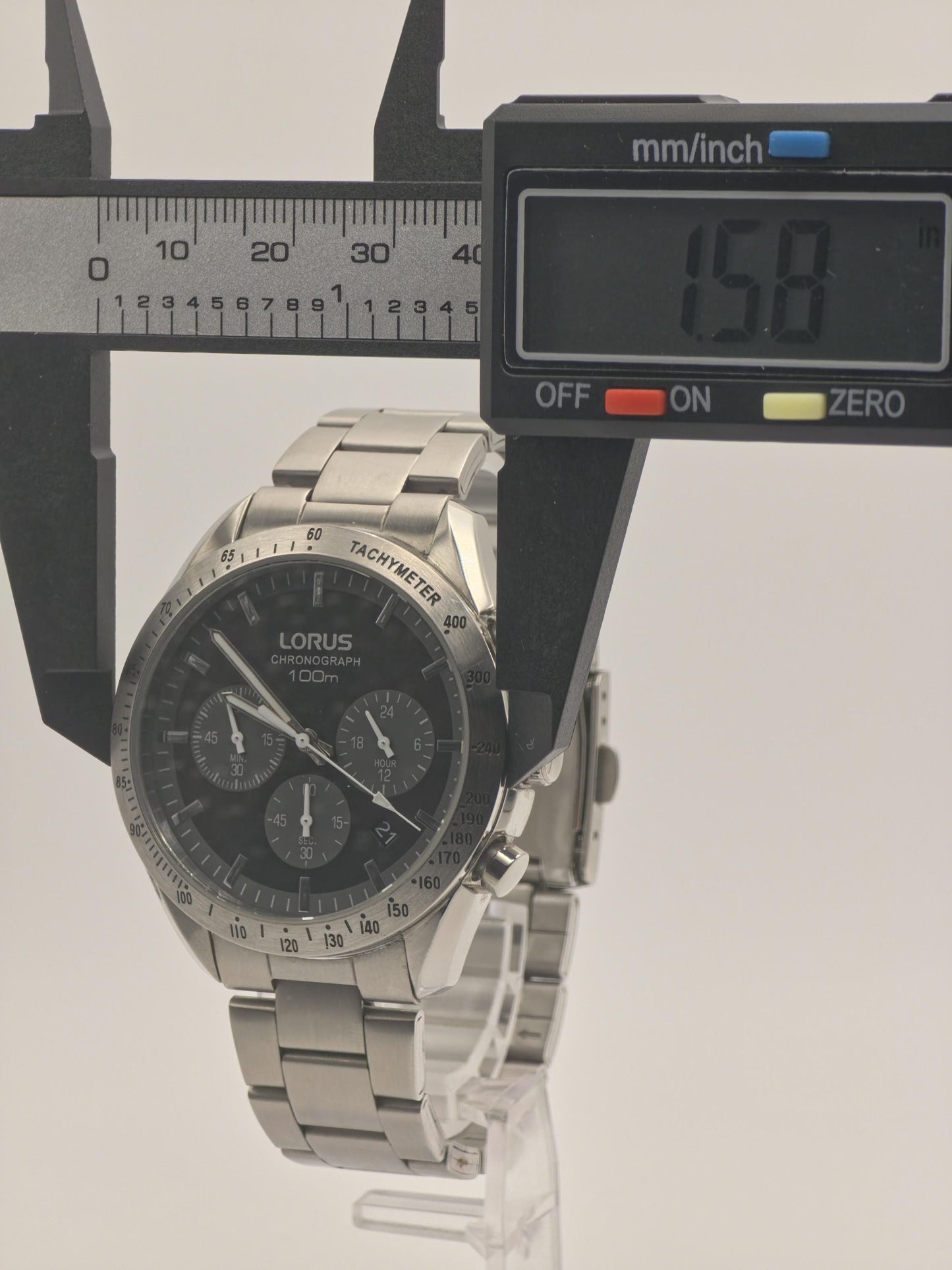 LORUS Chronograph Watch: Black Dial, Stainless Steel Tachymeter, 100M