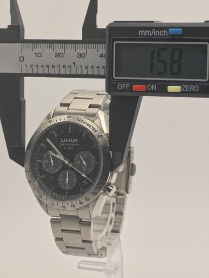LORUS Chronograph Watch: Black Dial, Stainless Steel Tachymeter, 100M