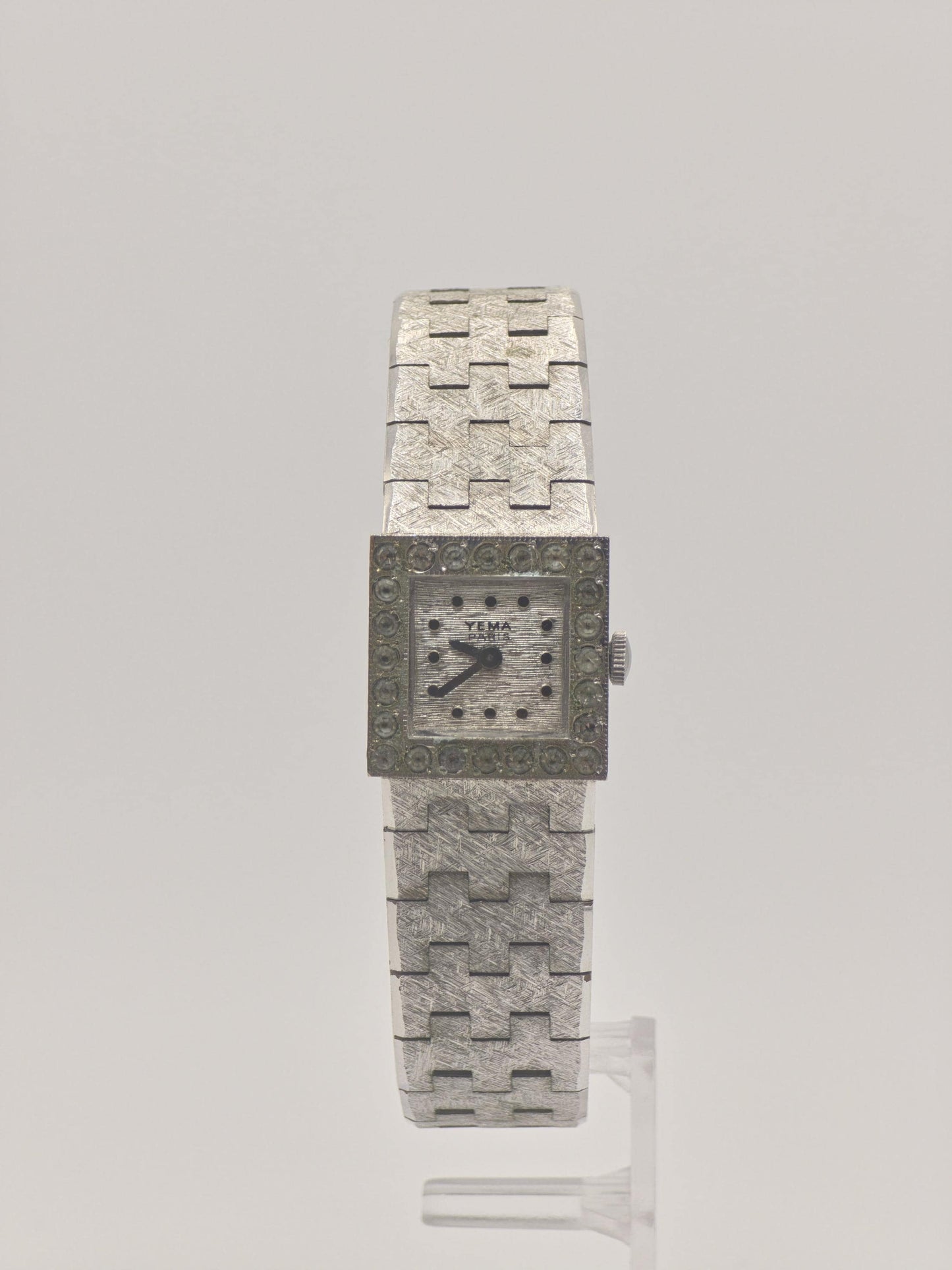 Vintage YEMA Watch Ladies Square Case Stone Accent Mesh Bracelet Silver Tone French Swiss Made Dress Watch